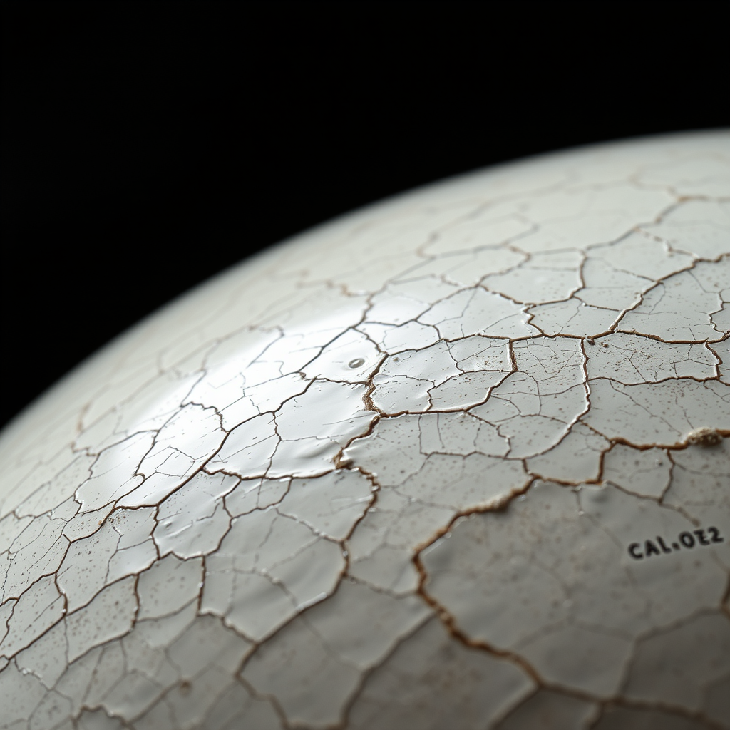 Close-up of a crazed ceramic glaze surface with fine crackling lines, chemical formulas SiO2 Al2O3 CaO fading ghostlike into the surface